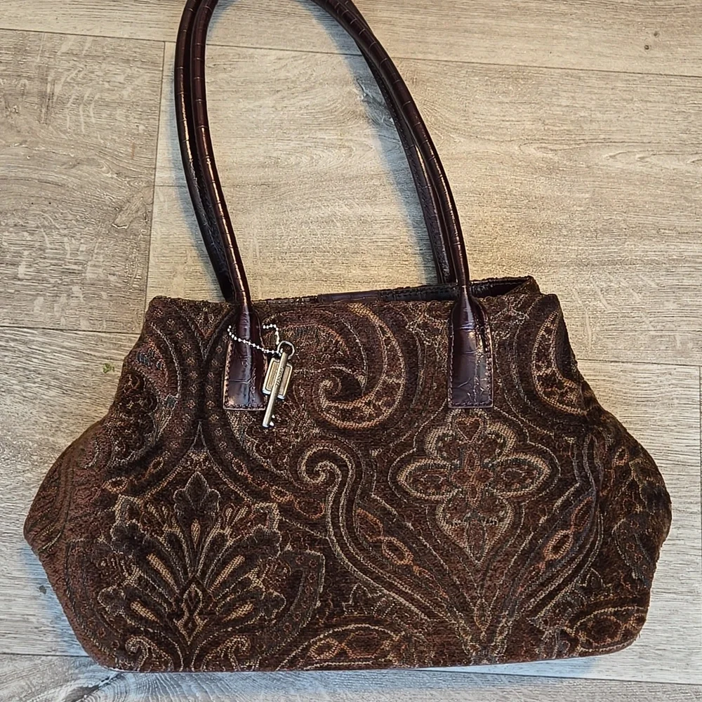 Fossil Chocolate Brown Patterned Velvet Tote Handbag